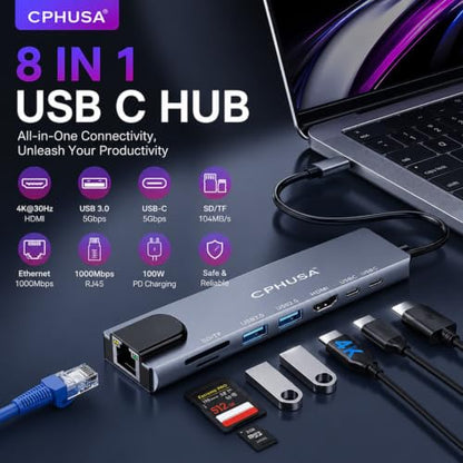 8-in-1 USB C Docking Station, Type C Hub with 4K HDMI Output, Ethernet RJ45, 100W Power Delivery, SD/TF Card Slots & High-Speed USB Ports for MacBook, Surface, iPad Pro & USB-C Laptops