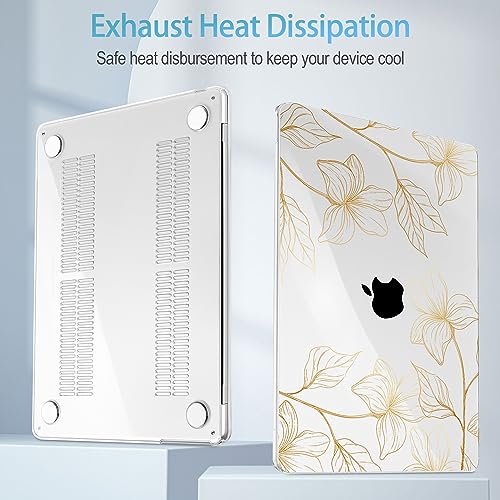 Mektron for 2026/2025/2024/2023 MacBook Air 15 INCH M5 A3448 /M4 A3241 /M3 A3114 /M2 A2941 Case, Printed Plastic Hard Shell Cover with 15.3" Liquid Retina Display Touch ID, Gold Flower S718 - color: Gold Flower S718