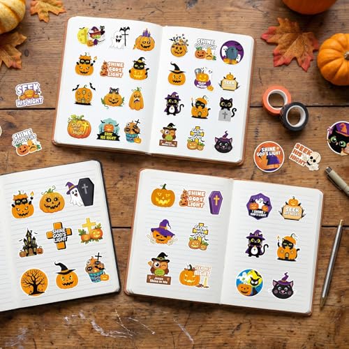 50 Pcs Spooky Halloween Stickers Bible Verse Scrapbook Stickers | Halloween Christian Design, Waterproof Water Bottle Stickers, Ghost Pumpkin Sticker, Vinyl Decals for Luggage Laptop Journal - style: Halloween