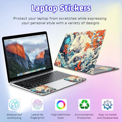 Universal Laptop Skin Sticker Decal, Compatible with MacBook HP Dell Lenovo 12"-15.6", Reusable Vinyl Notebook Cover 3PCS Set, High-Recognition Film-White Wolf in the Waves - color: White wolf in the waves