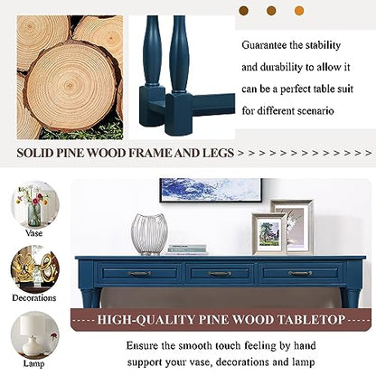 63.4"Solid Wood Console Table with Drawers,Sofa Table,Entryway Table | Navy Blue Console Table with 3 Drawers and Bottom Shelf;Solid Wood Narrow Sofa Table for Hallway,Foyer,Easy Assembled - color: Blue