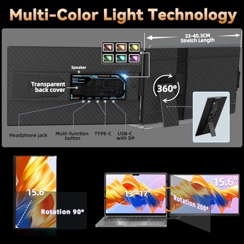 Laptop Screen Extender 15.6" 120% sRGB - FHD 1080P IPS Dual Laptop Monitor Extender with Detachable Screen, Second Monitor for 13"-17.3" Laptops, Plug-Play for Windows Mac Android Chrome - size: 15.5"