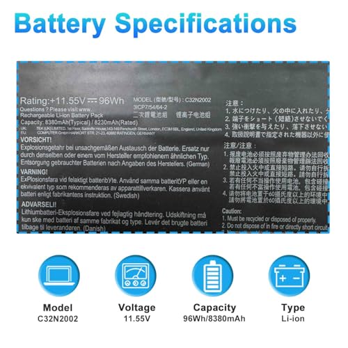 C32N2002 96Wh 6-Cell Laptop Battery Compatible with Asus ZenBook Pro 15 UX535 UX535LI UX564PH Flip 15 UX535LI UX564EH UX564EI UX564PH Series Notebook 0B200-03770000 11.55V 8380mAh - size: 12.40*3.34*0.28inch C32N2002