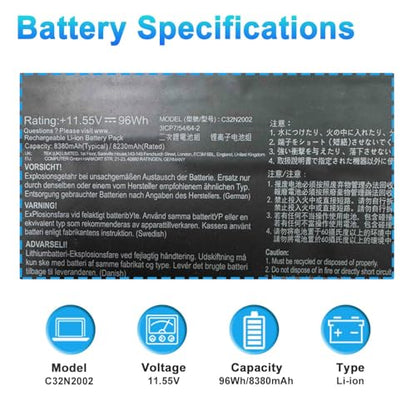 C32N2002 96Wh 6-Cell Laptop Battery Compatible with Asus ZenBook Pro 15 UX535 UX535LI UX564PH Flip 15 UX535LI UX564EH UX564EI UX564PH Series Notebook 0B200-03770000 11.55V 8380mAh - size: 12.40*3.34*0.28inch C32N2002