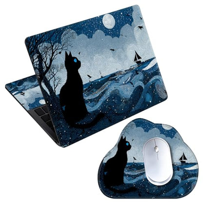 Laptop Skin Sticker Decal 15-15.6 Inch with Cute Mouse Pad, Universal Reusable Vinyl Sticker for 12.1 13 13.3 14 15.4 Inch Netbook and Notebook PC, Black Cat Ocean - color: Black Cat Ocean