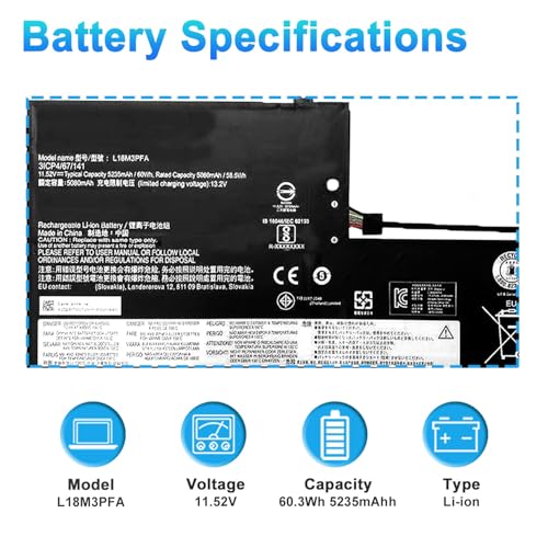 60.3Wh L18M3PFA L18D3PF2 Laptop Battery Replacement for Lenovo Yoga C740-15IML C740-15 81TD Series 5B10T83739 5B10T83740 5B10W67258 5B10W67402 SB10W67375 11.52V 5235mAh - size: 8.15*1.77*0.79inch L18M3PFA