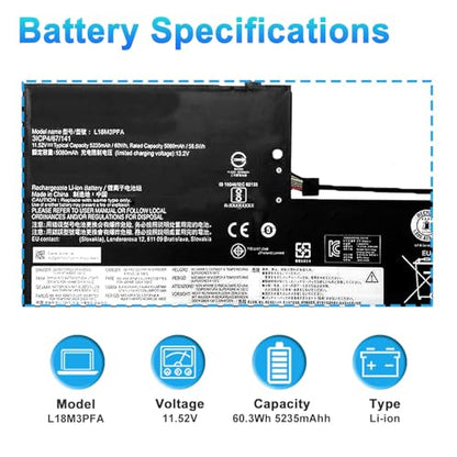60.3Wh L18M3PFA L18D3PF2 Laptop Battery Replacement for Lenovo Yoga C740-15IML C740-15 81TD Series 5B10T83739 5B10T83740 5B10W67258 5B10W67402 SB10W67375 11.52V 5235mAh - size: 8.15*1.77*0.79inch L18M3PFA