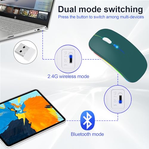 Wireless Bluetooth Mouse for iPad/MacBook Pro/Air/Laptop/pc Rechargeable Silent Mouse Portable Slim for Surface Pro/Lenovo/Samsung Tablet (LED/Jade Green) - color: LED / Jade Green