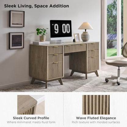 T4TREAM Fluted Executive Desk with Drawers, 60" Modern Home Office Computer Desk with Charging Station, File Cabinet, Keyboard Tray and Storage Cabinet for Study, Living Room, Bedroom, Alder Grey - color: Alder Grey