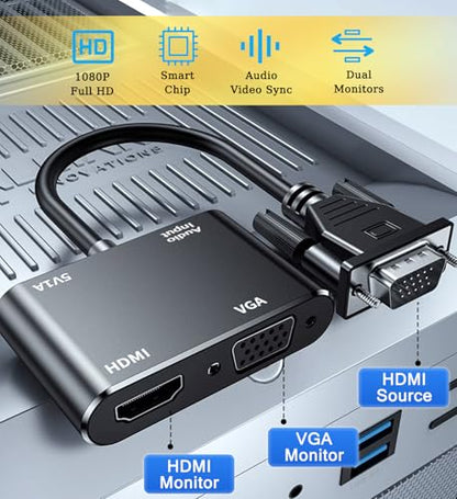 AKWOR VGA to HDMI+VGA Adapter for Dual Monitors, VGA to HDMI Adapter Splitter 2 in 1,1080P@60HZ Full HD Display Video Converter for PC Laptop Link Monitor/HDTV/Projector (for Windows & MaC os) - style: VGA to HDMI+VGA