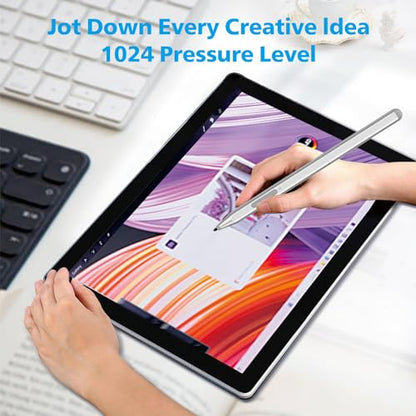 Stylus Pen for Microsoft Surface Pro12/11/10/9/8/X/7+/6/5/4/3, Surface Go 4/3/2/1, Surface Laptop1-5/Studio/Book 3/2/1 with Eraser Side Button,Palm Rejection,Tilt Function,1024 Pressure - color: Silver