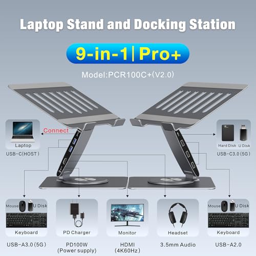 Adjustable Laptop Stand for Desk with Docking Station 9-in-1, Aluminum Laptop Riser with USB Hub, 360° Swivel, Dual Display 4K60Hz HDMI, 3 USB3.0, 100W PD Charging, for MacBook Pro Air/Dell/HP 7-15.6" - size: 9-in-1 Hub Laptop Stand
