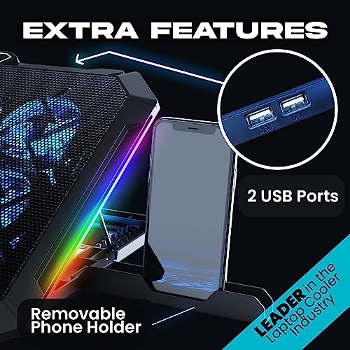 KLIM V8 Gaming Laptop Cooling Pad with 8 Fans + New Version + Gaming Laptop Cooler + Stable RGB Laptop Stand with Fan + Compatible up to 17" + 2 USB Ports + Phone Holder + 5 Year Assurance | Adjustable tilt angle - integrated mobile phone holder - 5 year