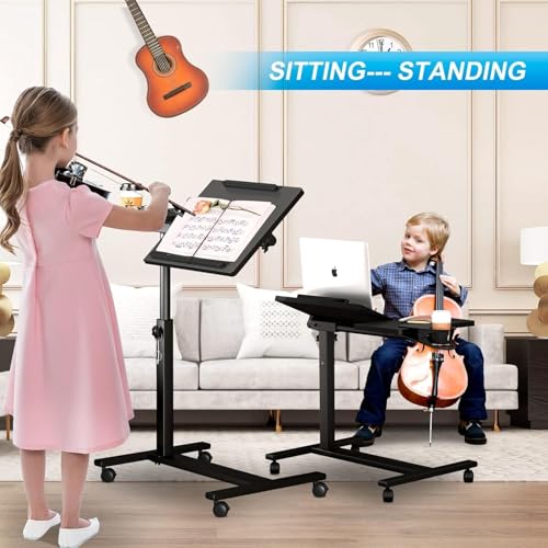 Panta Height Adjustable Rolling Laptop Stand, Overbed Table with 2 Tilting Desktops, Mobile Laptop Table for Couch with Cup Holder, Mobile Computer Workstation for Office, Home and Hospital | Dual tilting desktops, cup holder, mobile workstation, for couc