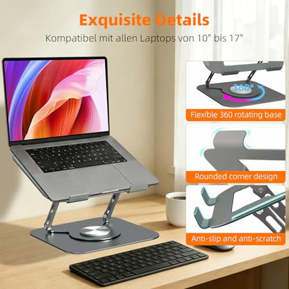 Adjustable Laptop Stand for Desk, Laptop Riser with 360 Rotating Base, Ergonomic Laptop Holder for Desk, Foldable Portable for Office & Home Compatible with MacBook Air Pro, Dell, HP (10-17.3'')