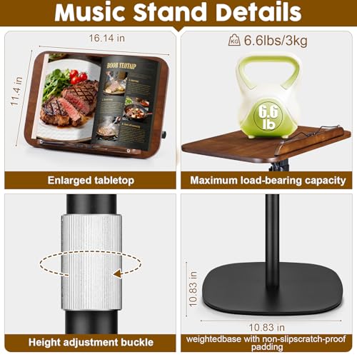 2 in 1 Dual-use Music Stand & Desktop Book Stand, Adjustable Height 16.5"-51", 100% Solid Wood Laptop Floor Stand Book Holder with Elastic Page Clips for Cookbooks (Black Walnut) - color: Black Walnut