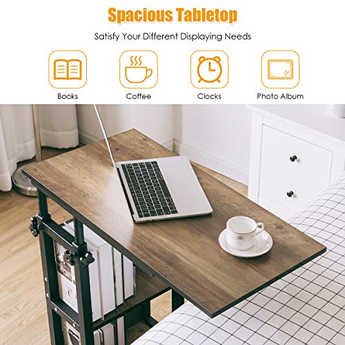 Tangkula Rolling Height Adjustable C Table, Mobile Sofa Side End Table Couch Desk, Sofa Desk Snack Table with Storage Shelves, Bed Side Table for Coffee Laptop Tablet, Wood Look Accent Furniture