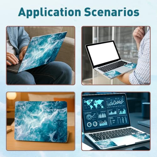 PLIGREAT 15 Inches Laptop Decal Sticker Skin Cover, Sea Wave Pattern Laptop Sticker Decals Fits 12" to 15" Laptops Universal Waterproof Removable, Blue White - color: Blue White