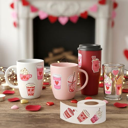 Haooryx Valentine's Day Latte Sticker - 1000 Pcs Romantic Pink Coffee Latte Heart Cream Letter Scrapbook Stickers 2 Roll Self-adhesive Waterproof Vinyl Decals Junk Jounal Valentine Gift Party Supplies - style: Romantic