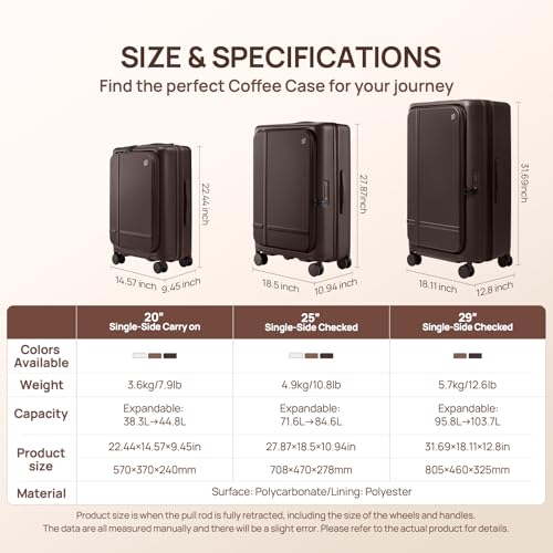 NINETYGO Medium Checked Luggage 25 Inch, Flat Top Opening Check In Luggage with Cup Holder, Expandable, Coffee-Infused PC Hard Shell, Eco-Friendly, TSA Lock, 360° Spinner Wheels (Americano) - color: 01-Dark Chocolate Americano, size: Checked 25-Inch (Top