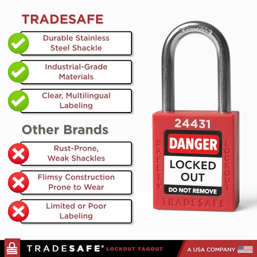 TRADESAFE Lockout Locks, 7 Red Loto Locks Keyed Different, 1 Key Each | Non-conductive Nylon Body, Spring-loaded Stainless Steel Shackle, Key-retaining Cylinder With Multilingual Safety Labels - color: 7-Red, size: 1 Key Per Lock