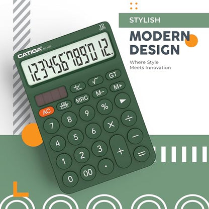 CATIGA 12 Digit Desktop Calculator Basic Desk Calculator with Large LCD Display, Big Buttons, 4 Function, Solar and Battery Dual Power, for Office, School, Home, SD-1292 Green - color: 6) Green
