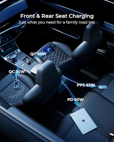 USB C Car Charger, 126W [Dual PD60W&QC30W] Cigarette Lighter USB Car Charger Adapter Fast Charging 4 Ports Car Phone Charger for iPhone 16/15/14/13/12, Samsung Galaxy S24/S23 Google Pixel Laptop