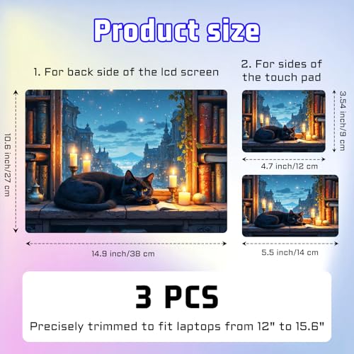 Universal Laptop Skin Sticker Decal, Compatible with MacBook HP Dell Lenovo 12"-15.6", Reusable Vinyl Notebook Cover 3PCS Set, High-Recognition Film-Cozy Black Cat Starry Night City - color: Cozy Black Cat Starry Night City