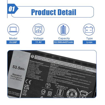 53.5Wh XVJNP Laptop Battery Replacement for Dell Latitude 5430 Rugged Latitude 7330 Rugged Series 6JRCP 06JRCP M0TN3 0M0TN3 KD1CT 451-BCWQ 11.4V - size: 5.08*3.37*0.59 inch XVJNP