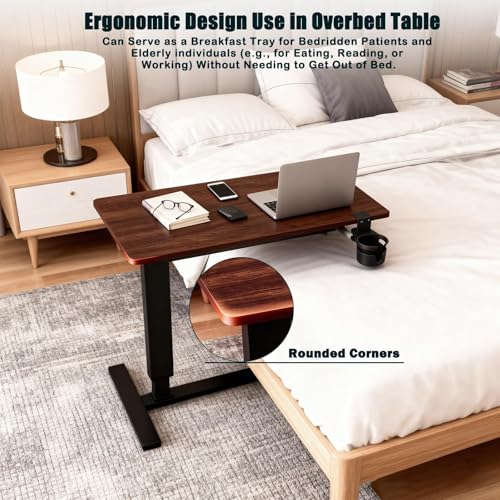 Adjustable Overbed Bedside Table with Wheels, Walnut Finish | Rolling Tray Desk, Height-Adjustable