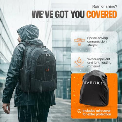 EVERKI Business 120 Laptop Backpack with Rain Cover, Black - 40L | Nylon, Polyester, Durable, Multi-Padded Pockets, Travel-Friendly, School & Work, 180° Fold-Out Design, Fits up to 18.4" - style: Business 120