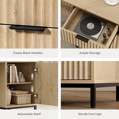 47" Fluted Executive Desk, Modern Wood Home Office Desk with Charging Station, Drawer & Cabinet, Computer Writing Desk for Work Study, Light Oak - color: Light Oak