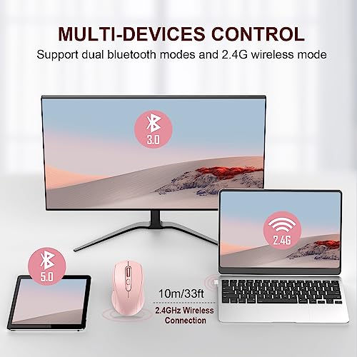 TECKNET 2-in-1 Bluetooth Mouse (BT 5.0/3.0+2.4Ghz), 6-Level 4000 DPI Pink | BT 5.0/3.0 & 2.4G wireless mouse with 4000 DPI, silent clicks, ergonomic design, and USB receiver for laptop and PC. - color: Pink