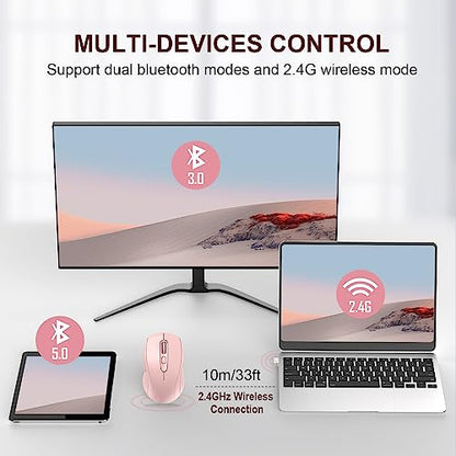 TECKNET 2-in-1 Bluetooth Mouse (BT 5.0/3.0+2.4Ghz), 6-Level 4000 DPI Pink | BT 5.0/3.0 & 2.4G wireless mouse with 4000 DPI, silent clicks, ergonomic design, and USB receiver for laptop and PC. - color: Pink