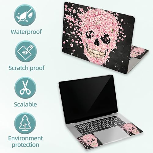Universal Laptop Skin Decal, 3-Piece Vinyl Protector for 12 13 14 15.6" Notebook, Waterproof Anti-Scratch, Easy Trim & Bubble-Free Finish, Skull Made of Pink Flowers - color: Skull Made of Pink Flowers