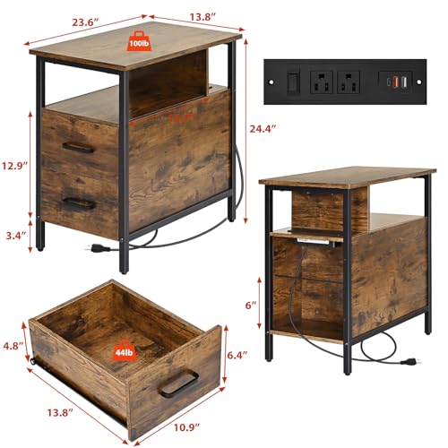 Side Tables with Charging Station, Narrow End Table with 2 Wooden Drawers, USB Ports and Power Outlets, Narrow Nightstand and Bedside Table, Side Tables Living Room, Bedroom, Brown - color: Brown