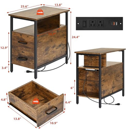 Side Tables with Charging Station, Narrow End Table with 2 Wooden Drawers, USB Ports and Power Outlets, Narrow Nightstand and Bedside Table, Side Tables Living Room, Bedroom, Brown - color: Brown