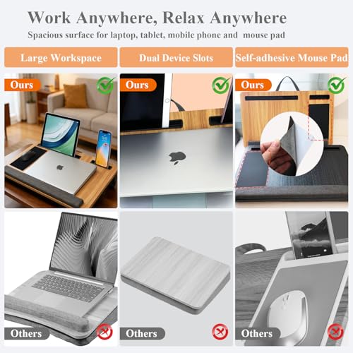 Lap Desk - Laptop Tray for Bed, Lapdesk with Cushion for Couch Sofa Fits up to 17.3” Laptop, Lap Table with Portable Handle,Self-Adhesive Mousepad with Foldable Metal Device Stand(Light Brown)