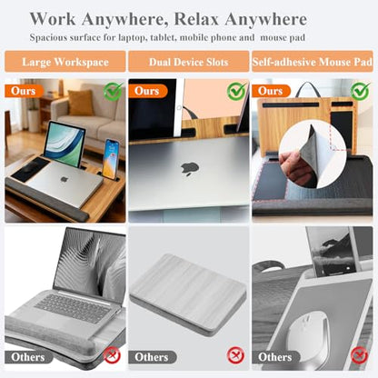 Lap Desk - Laptop Tray for Bed, Lapdesk with Cushion for Couch Sofa Fits up to 17.3” Laptop, Lap Table with Portable Handle,Self-Adhesive Mousepad with Foldable Metal Device Stand(Light Brown)