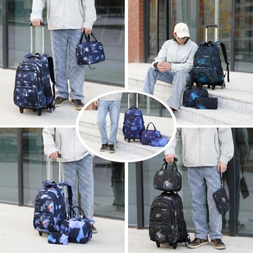 Mildame Galaxy Print Rolling Backpack for School Boys Girls with Lunch Bag Teens Bookbag with Wheels Kids Trolley Bag Set, Six Wheels - color: Black&Blue Starry Sky Set-6 Wheels