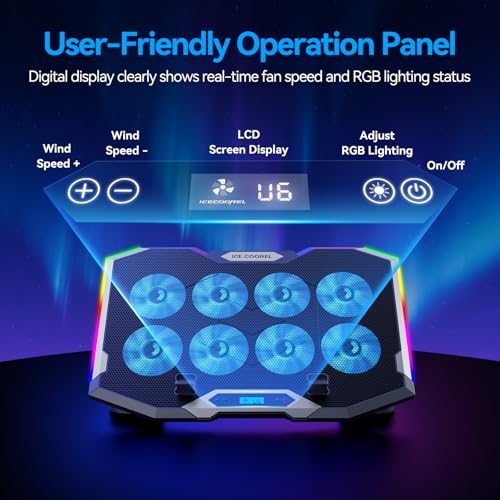 Gaming Laptop Cooling Pad with 8 Cooling Fans, Laptop Fan Cooler Pad for 15-17.3 Inch, Notebook Cooler Stand with 6 Height Adjustable, RGB Cooling Pad with Two USB Port + Phone Stand - size: 8 Fans