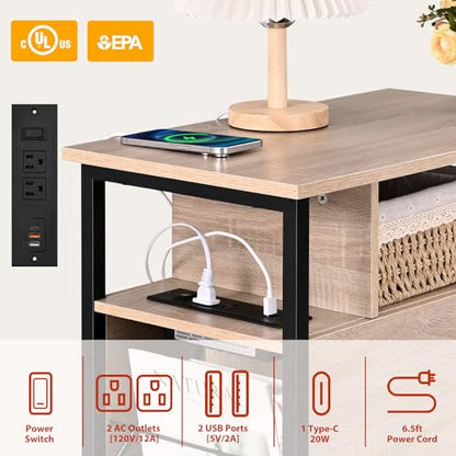 Side Tables with Charging Station, Narrow End Table with 2 Wooden Drawers, USB Ports and Power Outlets, Narrow Nightstand and Bedside Table, Side Tables Living Room, Bedroom, Greige - color: Greige