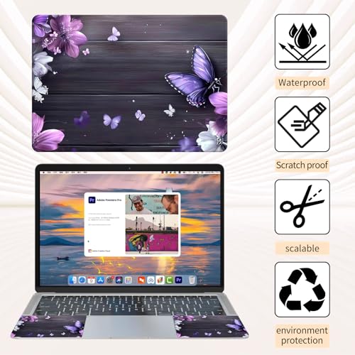 15.6 Inch Laptop Skin Sticker, Reusable Vinyl Cover Protector with 2 Wrist Pad Skins, Removable Waterproof Scratch-Resistant for 12-15.6 Inch Laptop Notebook,Purple And Pink Flowers On Wooden - color: Purple And Pink Flowers On Wooden