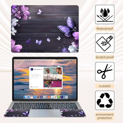 15.6 Inch Laptop Skin Sticker, Reusable Vinyl Cover Protector with 2 Wrist Pad Skins, Removable Waterproof Scratch-Resistant for 12-15.6 Inch Laptop Notebook,Purple And Pink Flowers On Wooden - color: Purple And Pink Flowers On Wooden