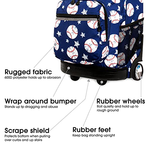 J World Sunrise Kids Rolling Backpack with Wheels for Girls Boys, Roller Bookbag for School, 18 x 13 x 9 Inches, Baseball - color: Baseball
