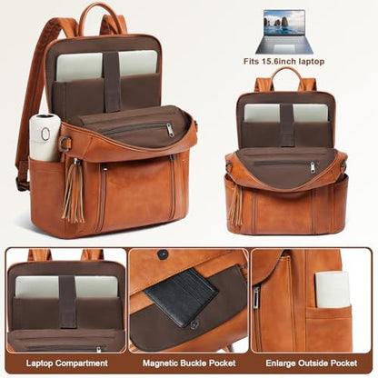 Laptop Backpack for Women 15.6 inch,Travel Leather Backpack Purse Nurse Teacher Carry on Backpack Computer Bag,Professional Water-Resistant College Business Work Casual Daypack,Brown - color: Brown02