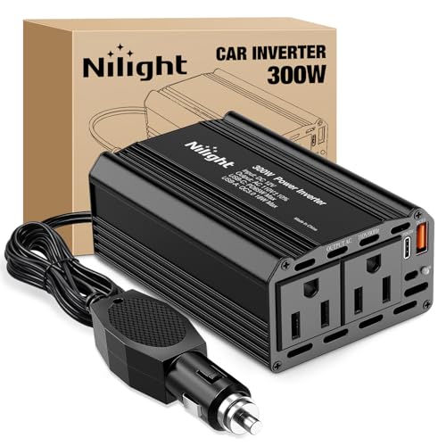 Nilight 300W Power Inverter 1 with PD 65W USB C & QC3.0 12V DC to 110V AC | Car Converter for Phones Tablets Laptop Computer Game Console Kindle iPad DVD Players Black - color: 300W USB+PD 110V Outlet*2