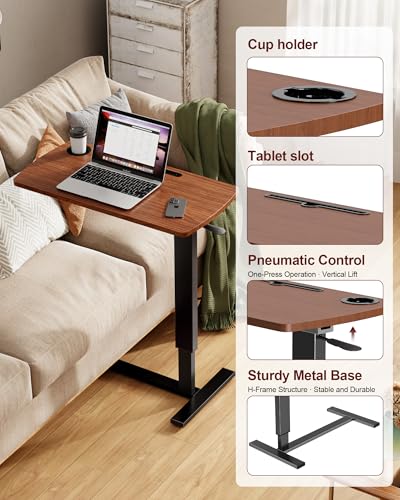 Foldable Overbed Table with Wheels, Pneumatic Adjustable Overbed Bedside Table, Mobile Standing Desk, Hospital Bed Tables Over The Bed, Rolling Laptop Desk with Casters for Home Office - color: Brown