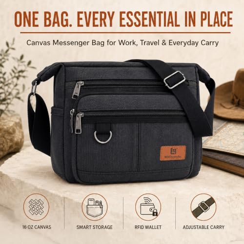 Rfid Crossbody Messenger Bag with Water Bottle Holders, 13 inch Laptop Shoulder Bag, Sling Satchel Purse w/Built-in Wallet - color: Black