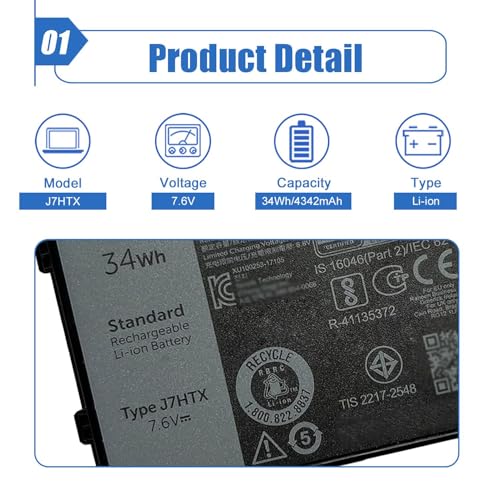 34Wh J7HTX 7XNTR Laptop Battery Replacement for Dell Latitude 7202 7212 7220 Rugged Extreme Tablet T03H T03H002 T03H003 Series 02JT7D 2JT7D FH8RW J82G5 VW5Y4 451-BBOR 451-BCCO 451-BCDH 7.6V 4342mAh - size: 4.28*2.48*0.52 inch J7HTX